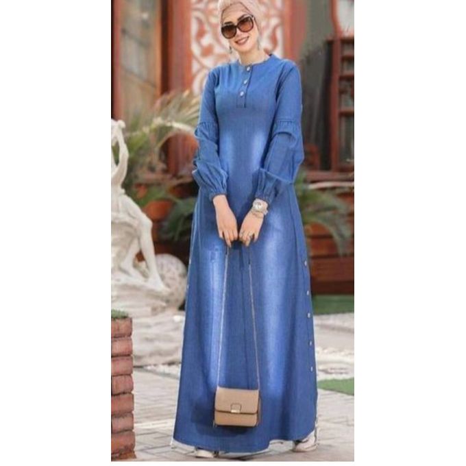 Girls' jeans abaya with 3 front buttons and side buttons, one size from 65 kg to 85 kg, Turkish jeans material is soft and strong at the same time