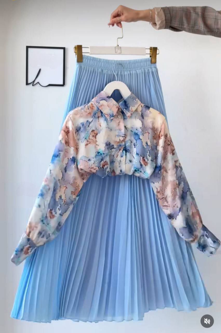 سوت نسائي قطعتين – سكيرت مشجر، سوفت مبرد + إسكوبه كريب، One Size حتى 85 كغ