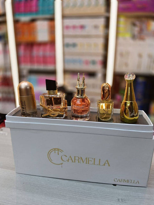 بوكس Carmella الأبيض مش مجرد عطور، دي تجربة أنوثة كاملة فـ 5 زجاجات ذهبية بتخطف الأنفاس!