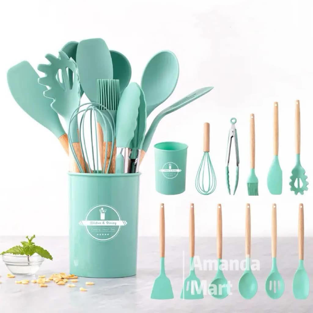 12 Piece Silicone Kitchen Utensil Set, Kitchen Utensil Set with Wooden Handles for Non-Stick Cookware Set, Great Kitchen Tools