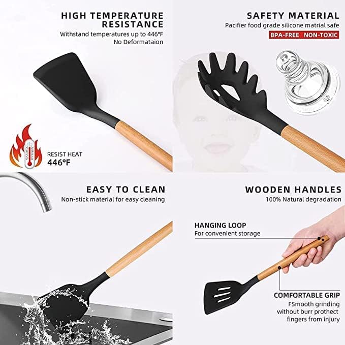 12 Piece Silicone Kitchen Utensil Set, Kitchen Utensil Set with Wooden Handles for Non-Stick Cookware Set, Great Kitchen Tools