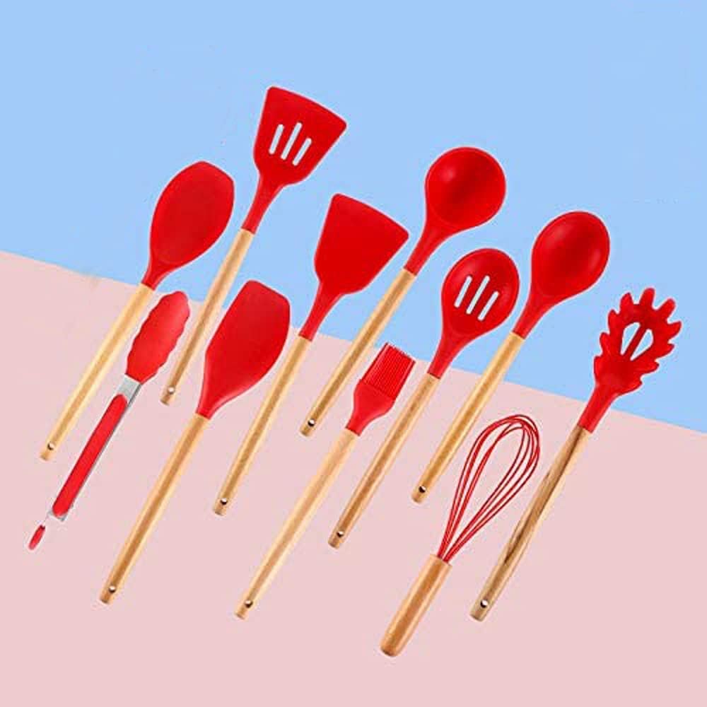 12 Piece Silicone Kitchen Utensil Set, Kitchen Utensil Set with Wooden Handles for Non-Stick Cookware Set, Great Kitchen Tools