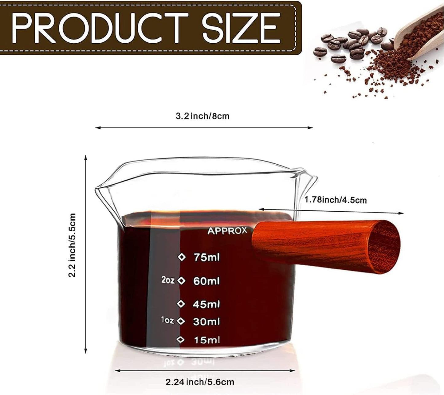 Professional 75ml Espresso Cup - Double Spout & Stylish Wooden Handle | Barista Tool for Making Coffee and Milk!