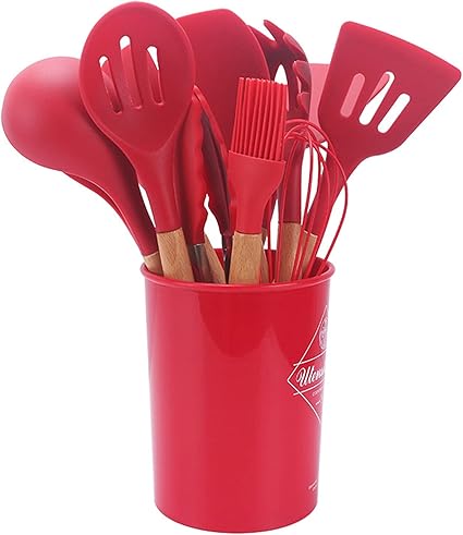 مجموعة ادوات مطبخ من السيليكون مكونة من 12 قطعة، مجموعة ادوات مطبخ بمقابض خشبية لمجموعة اواني الطهي غير اللاصقة، ادوات مطبخ رائعة