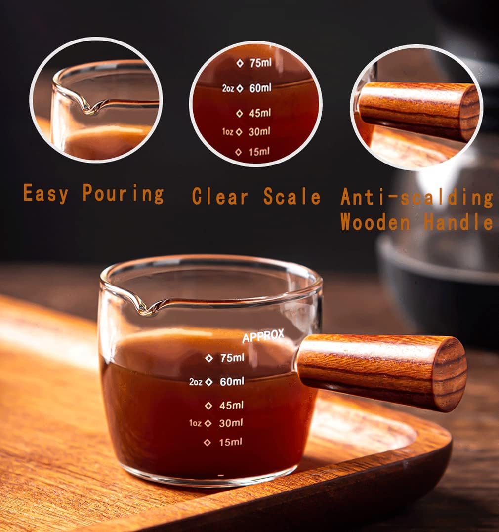Professional 75ml Espresso Cup - Double Spout & Stylish Wooden Handle | Barista Tool for Making Coffee and Milk!