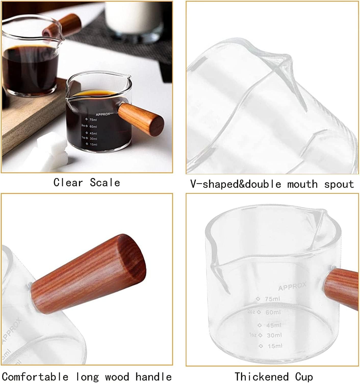 Professional 75ml Espresso Cup - Double Spout & Stylish Wooden Handle | Barista Tool for Making Coffee and Milk!