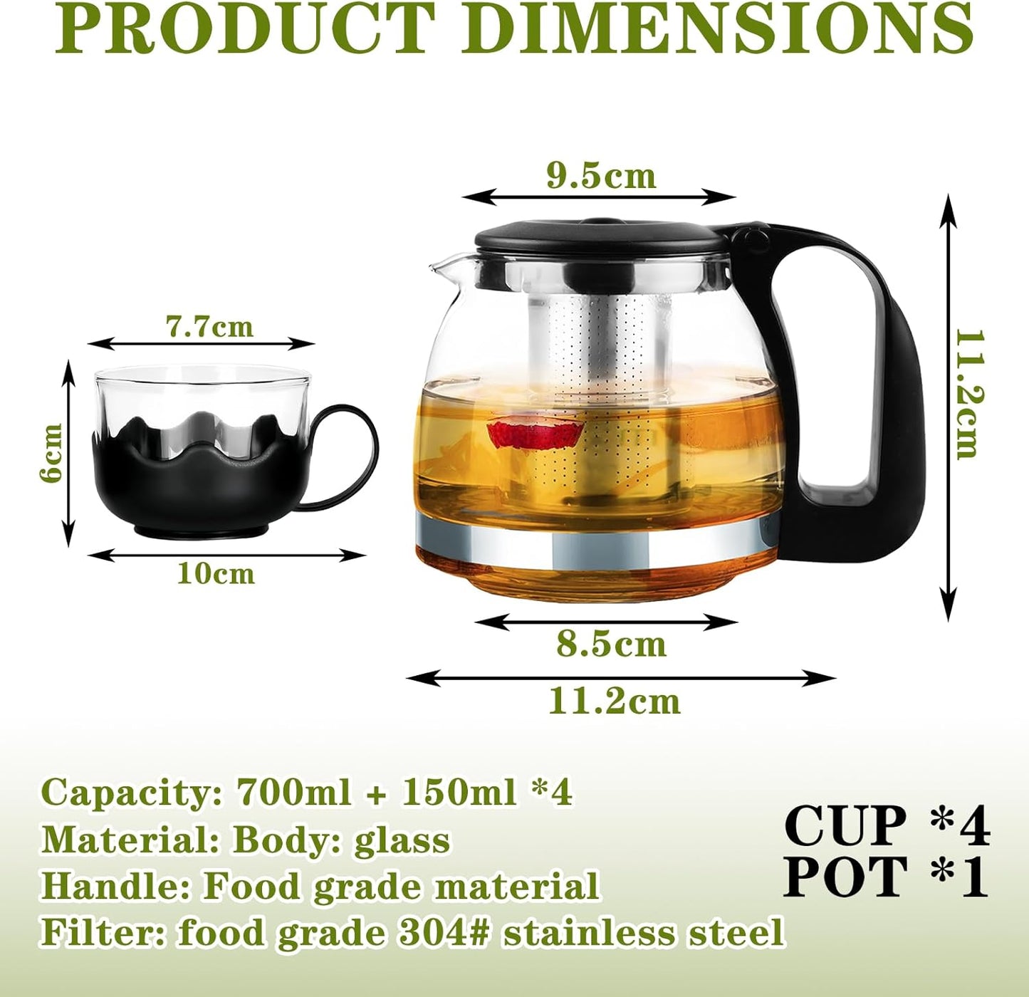 Pyrex Serving Tea Set, 700ml Capacity, Glass Teapot with 4 Glass Tea Cups with Plastic Base and Removable Stainless Steel Tea Infuser, Suitable for Brewing Tea and Herbal Tea Bags