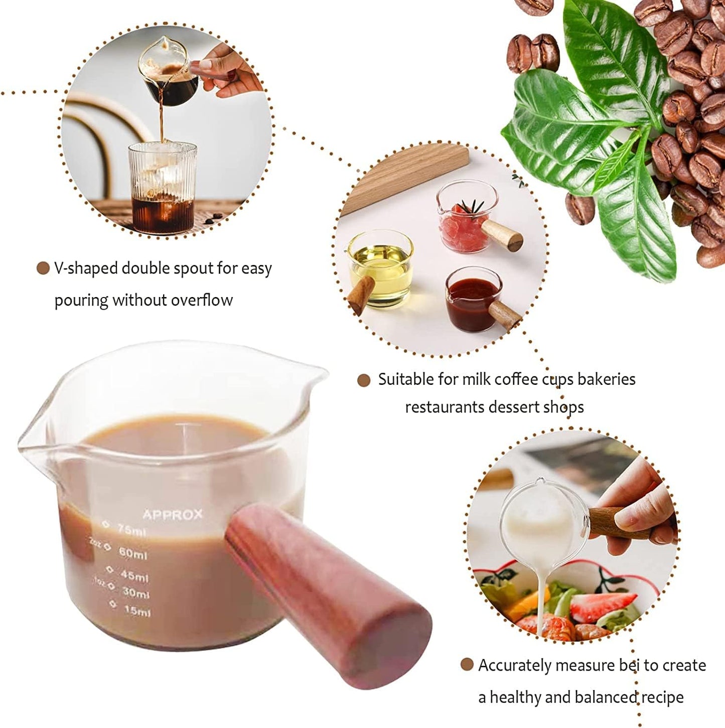 Professional 75ml Espresso Cup - Double Spout & Stylish Wooden Handle | Barista Tool for Making Coffee and Milk!
