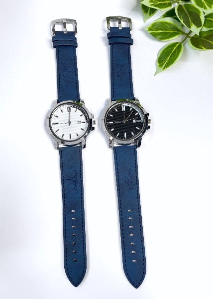 ساعة جلد رجالي CK – تصميم أنيق بقرص معدني مع نتيجة