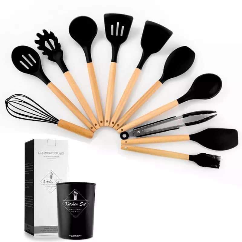 12 Piece Silicone Kitchen Utensil Set, Kitchen Utensil Set with Wooden Handles for Non-Stick Cookware Set, Great Kitchen Tools