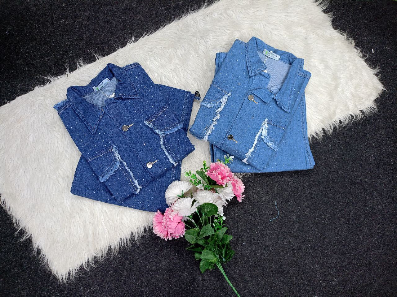 Two-piece cotton polka-dot jeans suit, light, comfortable cotton jeans material, one size from 55 kg to 85 kg, elegance and comfort in one ready-made set that catches the eye!