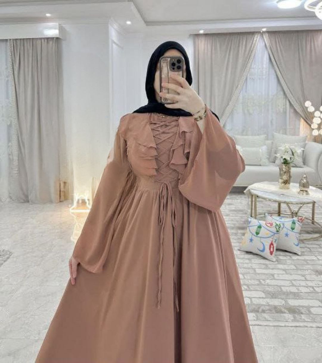 فستان شيفون نسائي – بتصميم ناعم وأكمام واسعة ورباط على الصدر