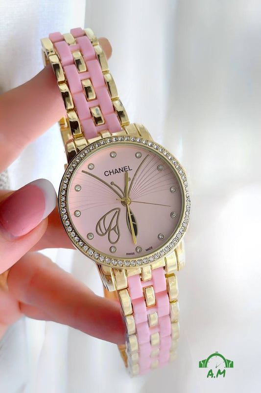 ساعة شانيل النسائية - مرصع بفصوص براقة - ألوان متعددة (ذهبي × أسود / ذهبي × بينك)