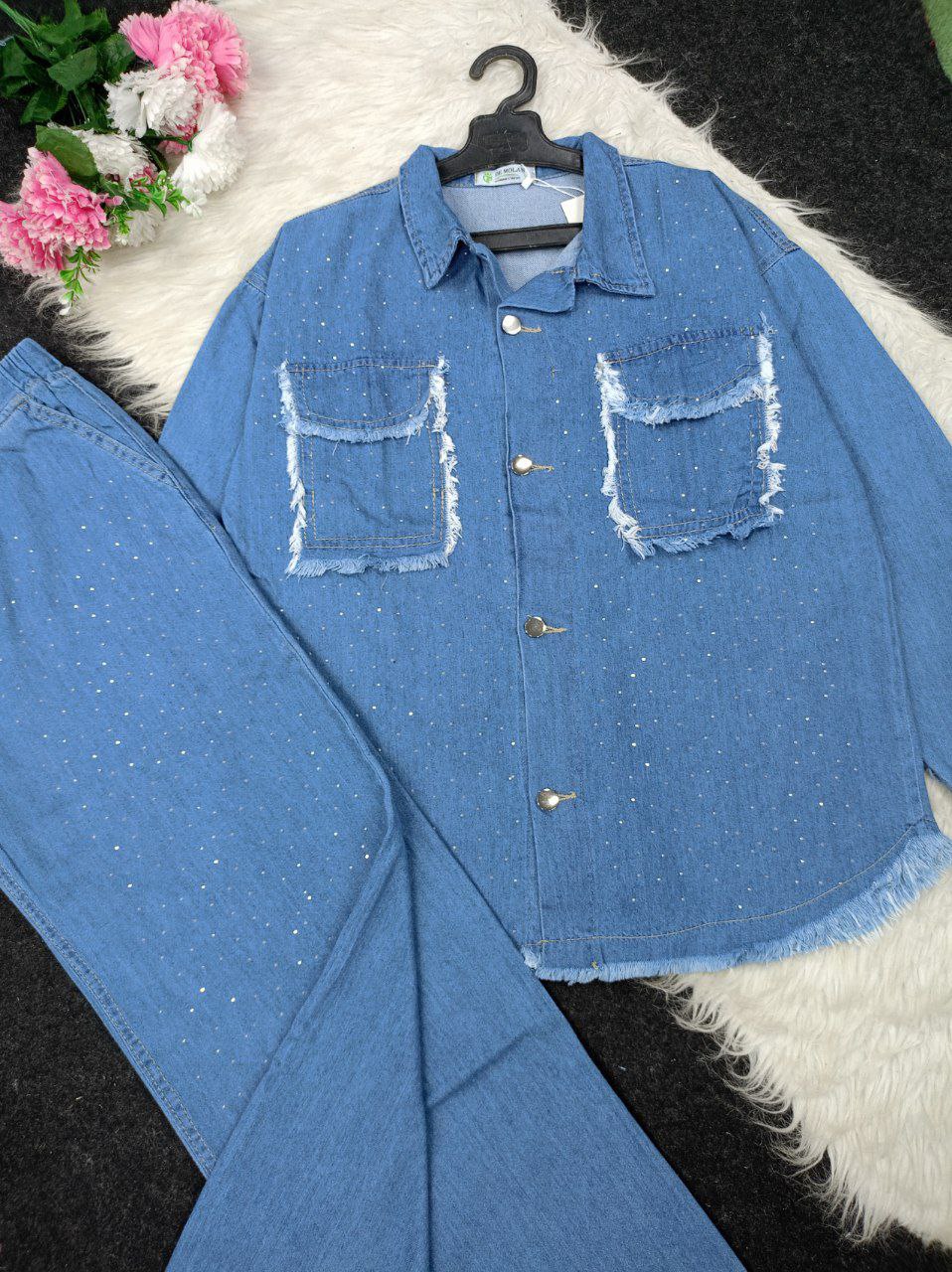 Two-piece cotton polka-dot jeans suit, light, comfortable cotton jeans material, one size from 55 kg to 85 kg, elegance and comfort in one ready-made set that catches the eye!
