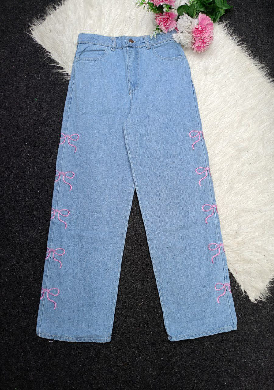 Wide leg pants with a bow - one size from 50 kg to 85 kg, different colors, four-layer denim fabric and a luxurious feminine touch