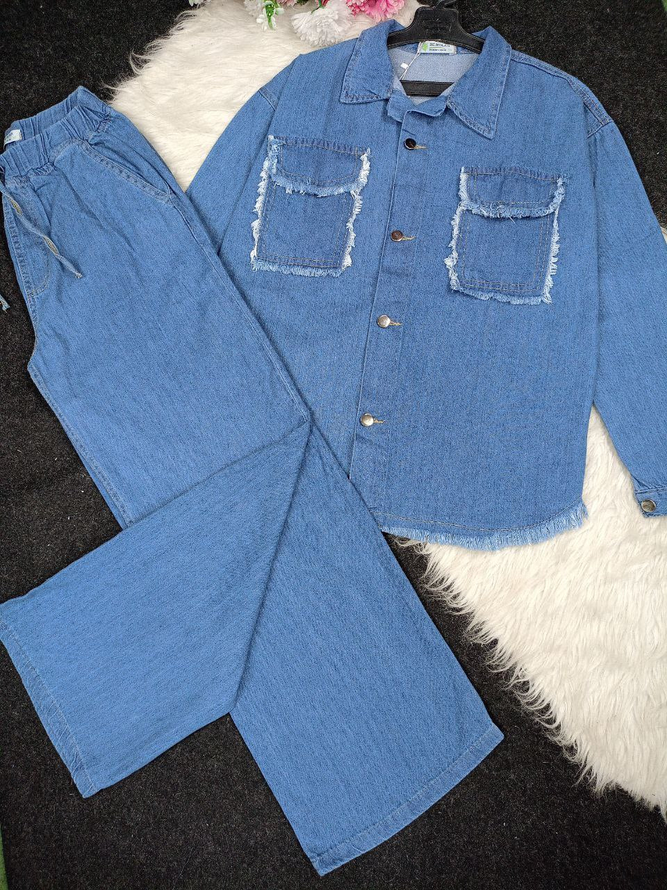Two-piece cotton jeans suit, comfortable cotton jeans material, one size from 55 kg to 85 kg, elegance and comfort in one ready-made set that catches the eye!
