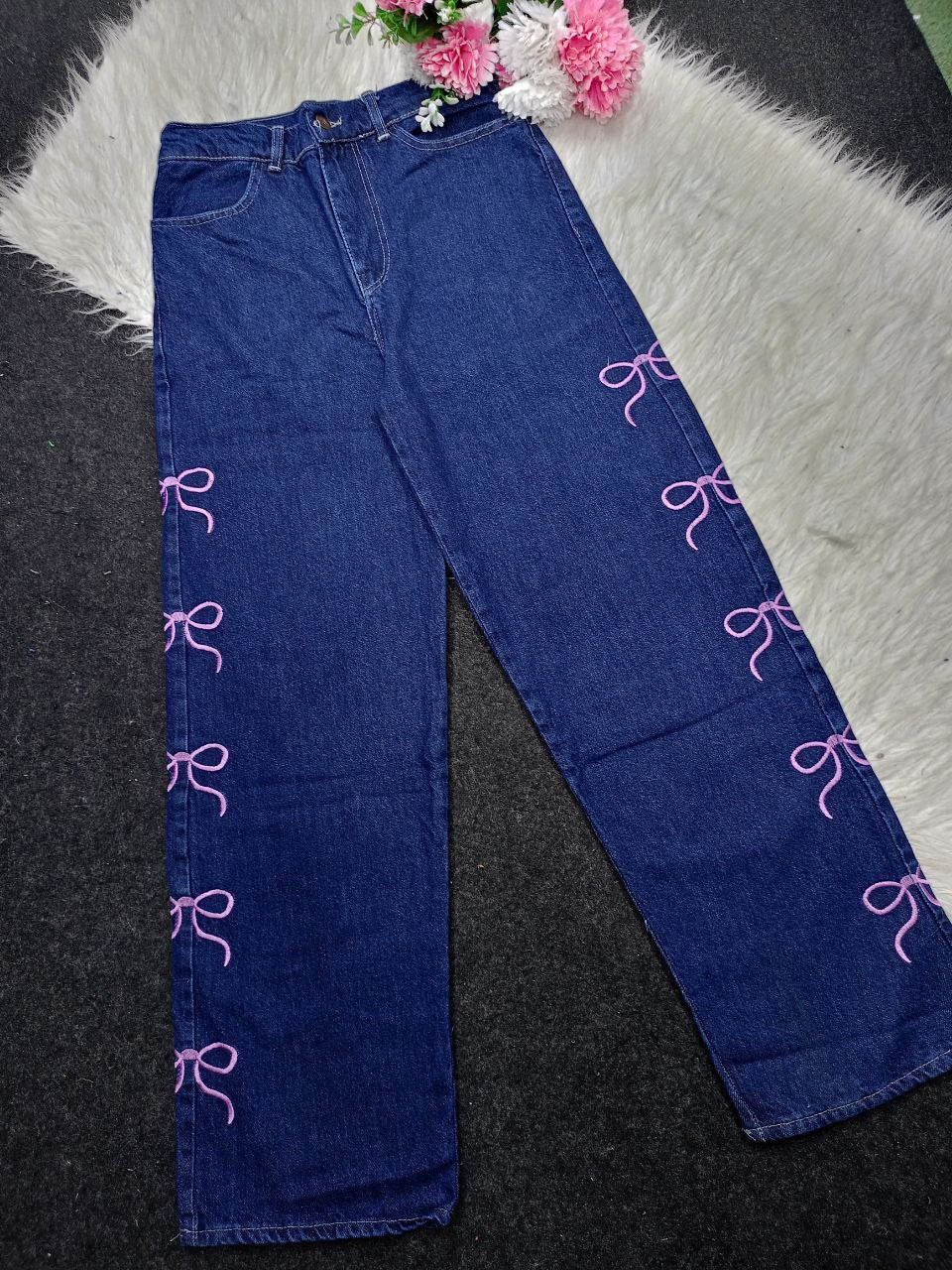 Wide leg pants with a bow - one size from 50 kg to 85 kg, different colors, four-layer denim fabric and a luxurious feminine touch