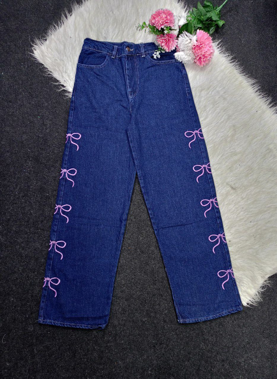 Wide leg pants with a bow - one size from 50 kg to 85 kg, different colors, four-layer denim fabric and a luxurious feminine touch