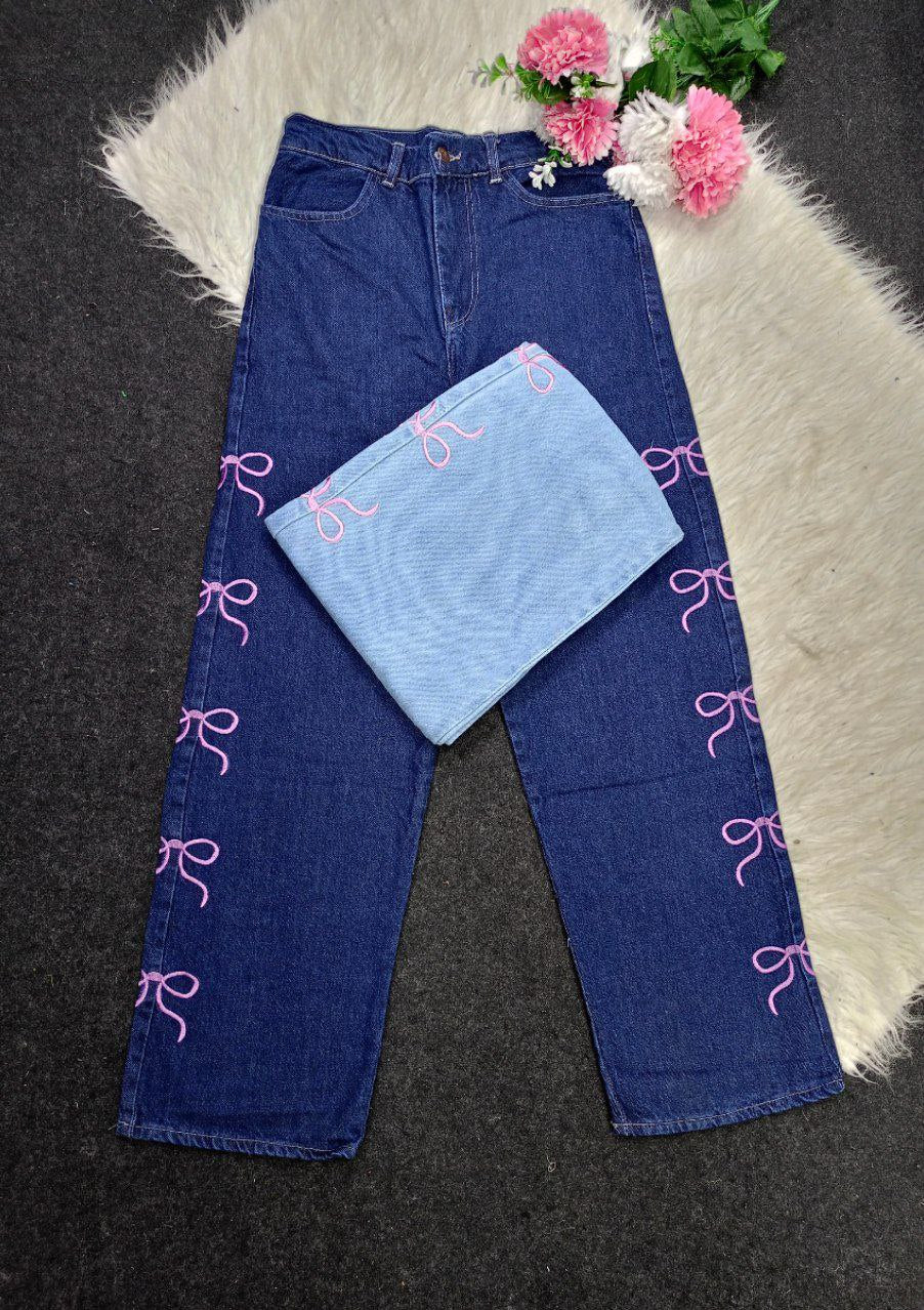 Wide leg pants with a bow - one size from 50 kg to 85 kg, different colors, four-layer denim fabric and a luxurious feminine touch