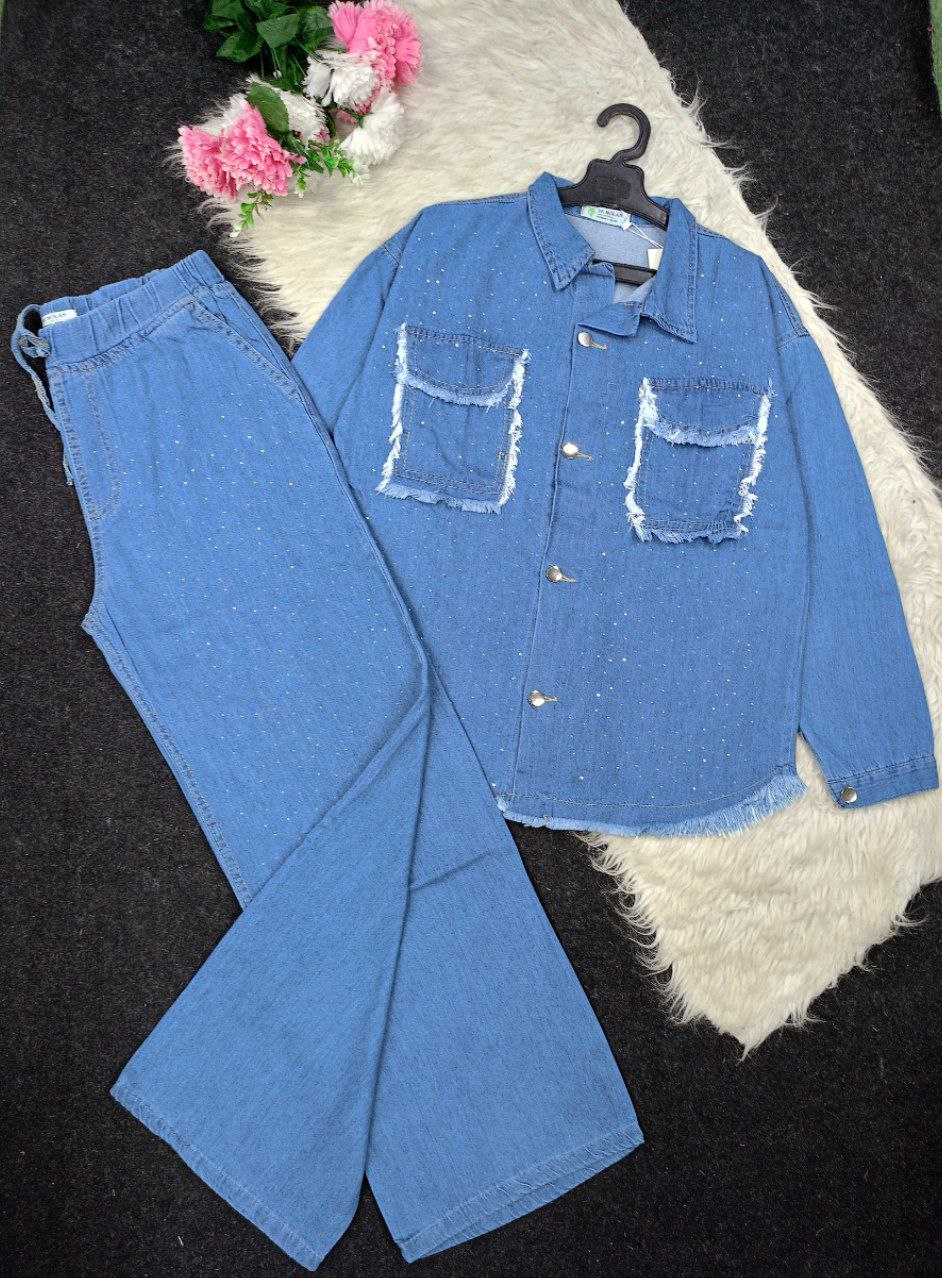 Two-piece cotton polka-dot jeans suit, light, comfortable cotton jeans material, one size from 55 kg to 85 kg, elegance and comfort in one ready-made set that catches the eye!