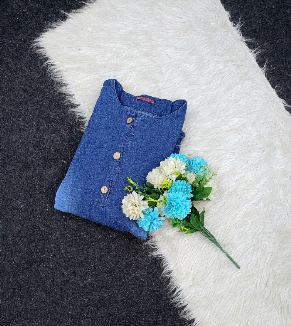 Girls' jeans abaya with 3 front buttons and side buttons, one size from 65 kg to 85 kg, Turkish jeans material is soft and strong at the same time