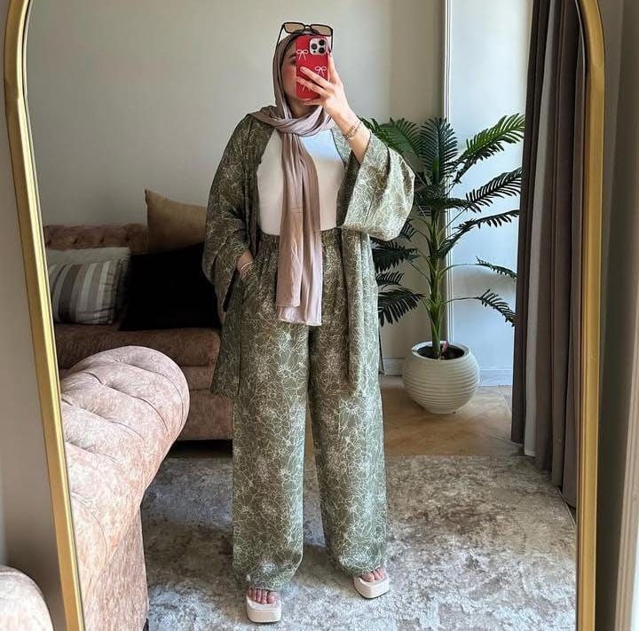 سوت نسائي 3 قطع مشجر – فريسكا مطبوعة، قطن مستورد، One Size حتى 85 كغ