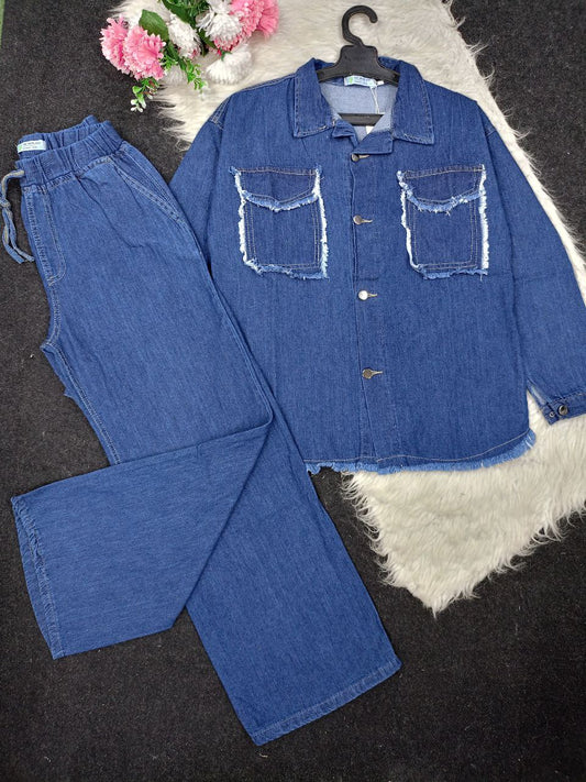 سوت جينز قطن قطعتين خامة جينز قطن مريحة وان سايز من 55 ك الي 85 ك شياكة وراحة في طقم واحد جاهز يخطف الأنظار!