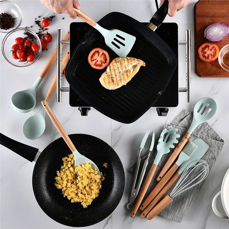 12 Piece Silicone Kitchen Utensil Set, Kitchen Utensil Set with Wooden Handles for Non-Stick Cookware Set, Great Kitchen Tools
