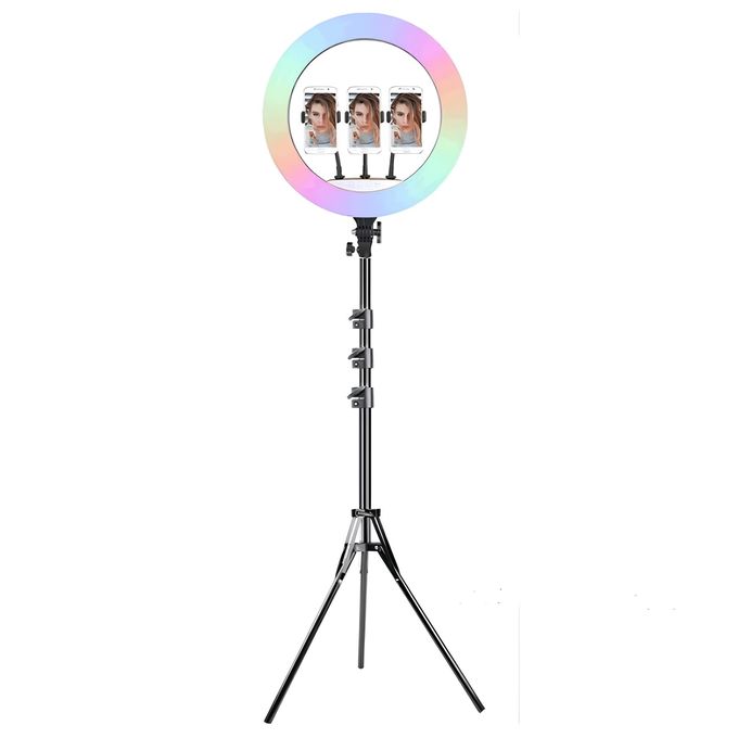 رينج لايت MJ45 – حلقة إضاءة LED – مقاس 18 بوصة / 45 سم – إضاءة RGB بـ 7 ألوان – حامل بطول 2.1 متر