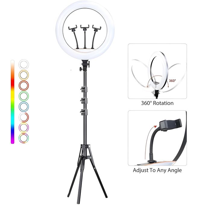 رينج لايت MJ45 – حلقة إضاءة LED – مقاس 18 بوصة / 45 سم – إضاءة RGB بـ 7 ألوان – حامل بطول 2.1 متر