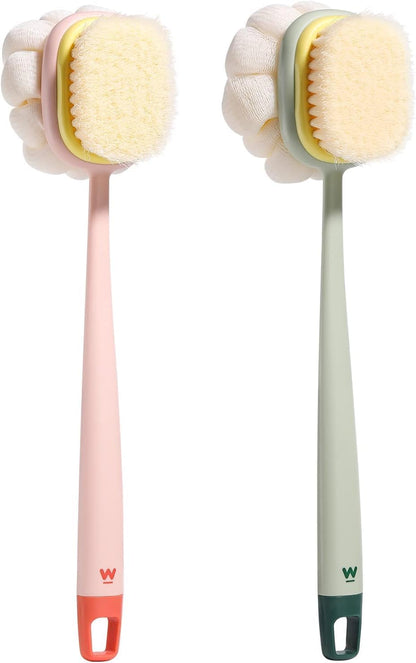 Double-Sided Body Brush with Long Handle, Chevron Pattern Bath Massager and Exfoliator, Multicolor, 1 Piece