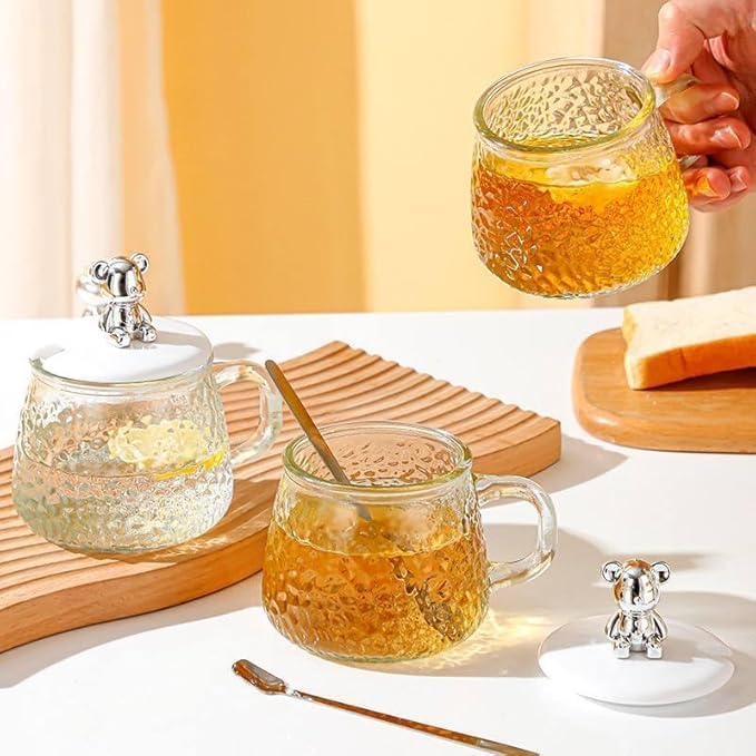 300ml Pyrex thermal mug with teddy bear lid and spoon... Bubbles mug with teddy bear lid, suitable for milk, juice, chocolate, mocha, cappuccino, tea, and water 