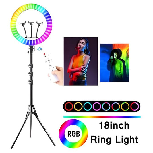 رينج لايت MJ45 – حلقة إضاءة LED – مقاس 18 بوصة / 45 سم – إضاءة RGB بـ 7 ألوان – حامل بطول 2.1 متر