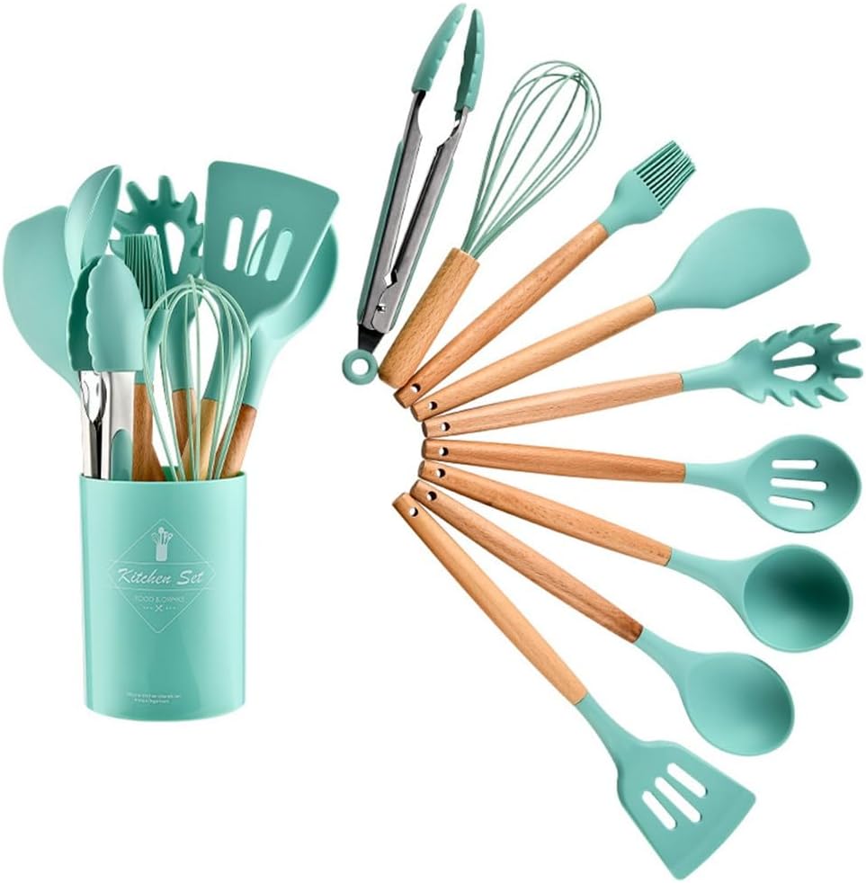 12 Piece Silicone Kitchen Utensil Set, Kitchen Utensil Set with Wooden Handles for Non-Stick Cookware Set, Great Kitchen Tools