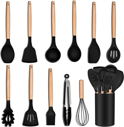 12 Piece Silicone Kitchen Utensil Set, Kitchen Utensil Set with Wooden Handles for Non-Stick Cookware Set, Great Kitchen Tools