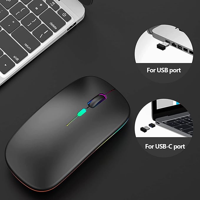 ماوس لاسلكي للابتوب من فوجاسي – بلوتوث 2.4 جيجا هرتز – قابل لإعادة الشحن مع محول USB-A إلى USB-C – 3 أزرار – تصميم أنيق