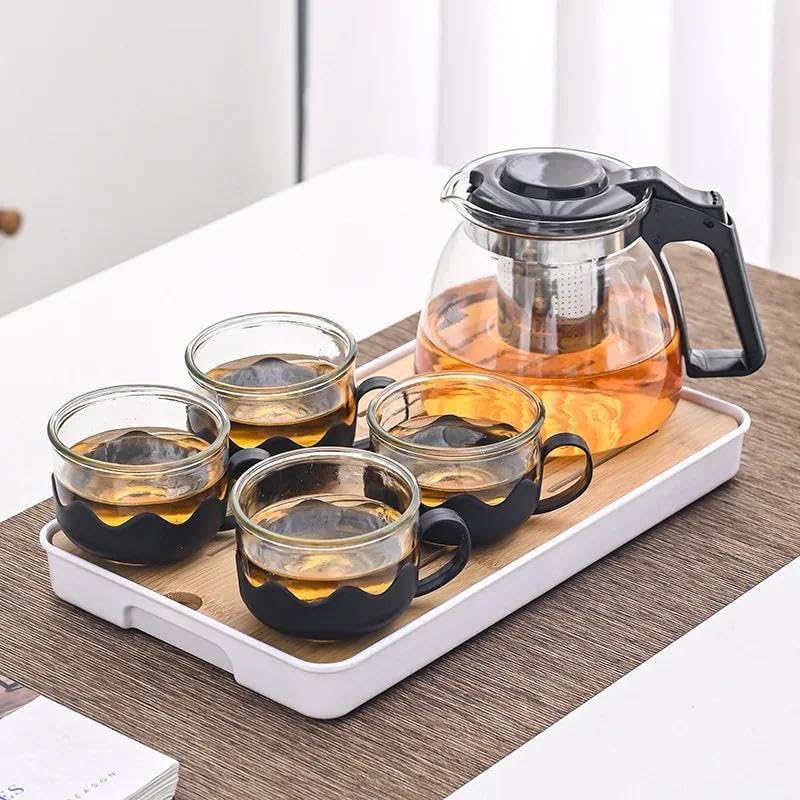 Pyrex Serving Tea Set, 700ml Capacity, Glass Teapot with 4 Glass Tea Cups with Plastic Base and Removable Stainless Steel Tea Infuser, Suitable for Brewing Tea and Herbal Tea Bags