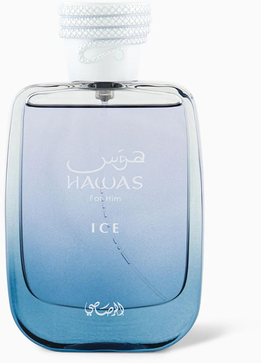 Hawas Ice من رصاصي – انتعاش فاكهي-عطري "ثلجي" بلمسة خشبية – خيارك المثالي للصيف والنهار | 100 مل EDP