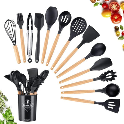 12 Piece Silicone Kitchen Utensil Set, Kitchen Utensil Set with Wooden Handles for Non-Stick Cookware Set, Great Kitchen Tools