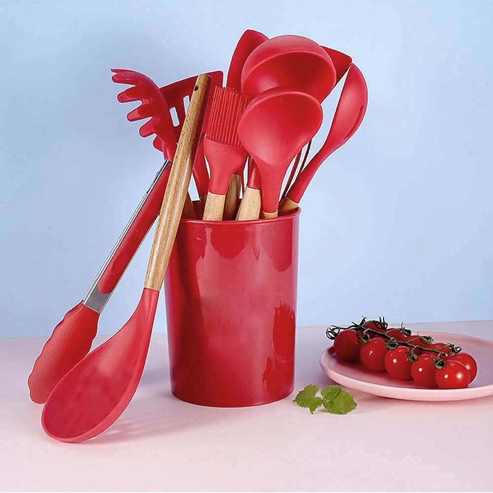 12 Piece Silicone Kitchen Utensil Set, Kitchen Utensil Set with Wooden Handles for Non-Stick Cookware Set, Great Kitchen Tools