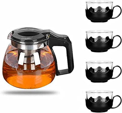 Pyrex Serving Tea Set, 700ml Capacity, Glass Teapot with 4 Glass Tea Cups with Plastic Base and Removable Stainless Steel Tea Infuser, Suitable for Brewing Tea and Herbal Tea Bags