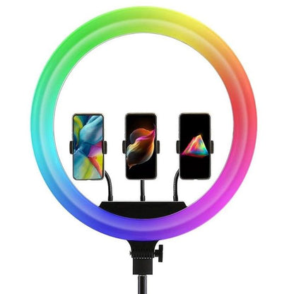 رينج لايت MJ45 – حلقة إضاءة LED – مقاس 18 بوصة / 45 سم – إضاءة RGB بـ 7 ألوان – حامل بطول 2.1 متر