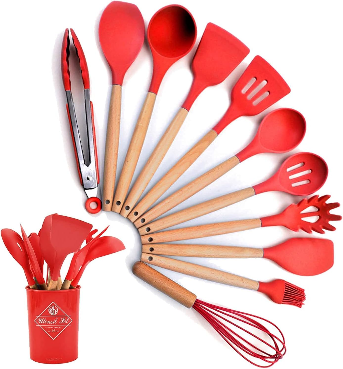 12 Piece Silicone Kitchen Utensil Set, Kitchen Utensil Set with Wooden Handles for Non-Stick Cookware Set, Great Kitchen Tools