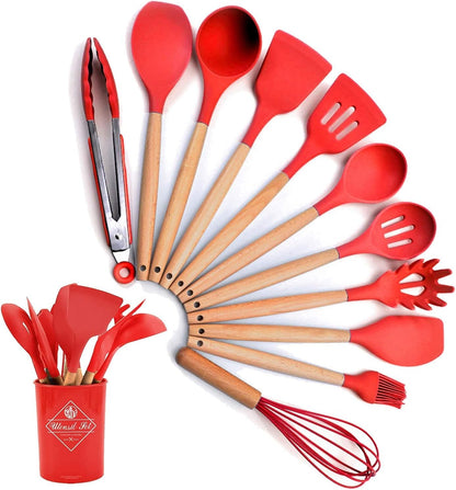 12 Piece Silicone Kitchen Utensil Set, Kitchen Utensil Set with Wooden Handles for Non-Stick Cookware Set, Great Kitchen Tools