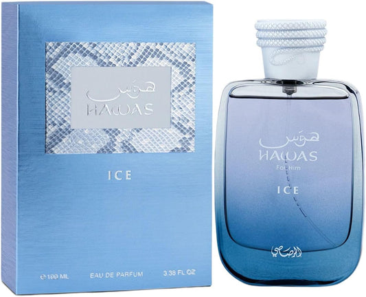 Hawas Ice من رصاصي – انتعاش فاكهي-عطري "ثلجي" بلمسة خشبية – خيارك المثالي للصيف والنهار | 100 مل EDP