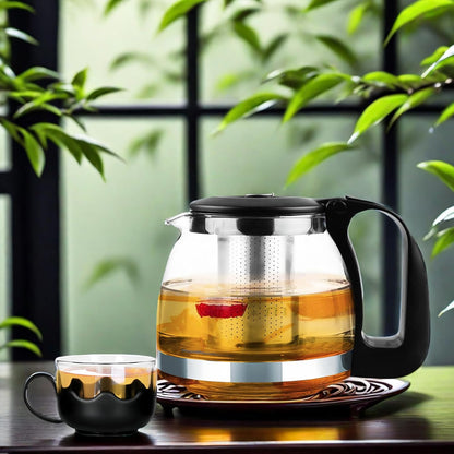 Pyrex Serving Tea Set, 700ml Capacity, Glass Teapot with 4 Glass Tea Cups with Plastic Base and Removable Stainless Steel Tea Infuser, Suitable for Brewing Tea and Herbal Tea Bags