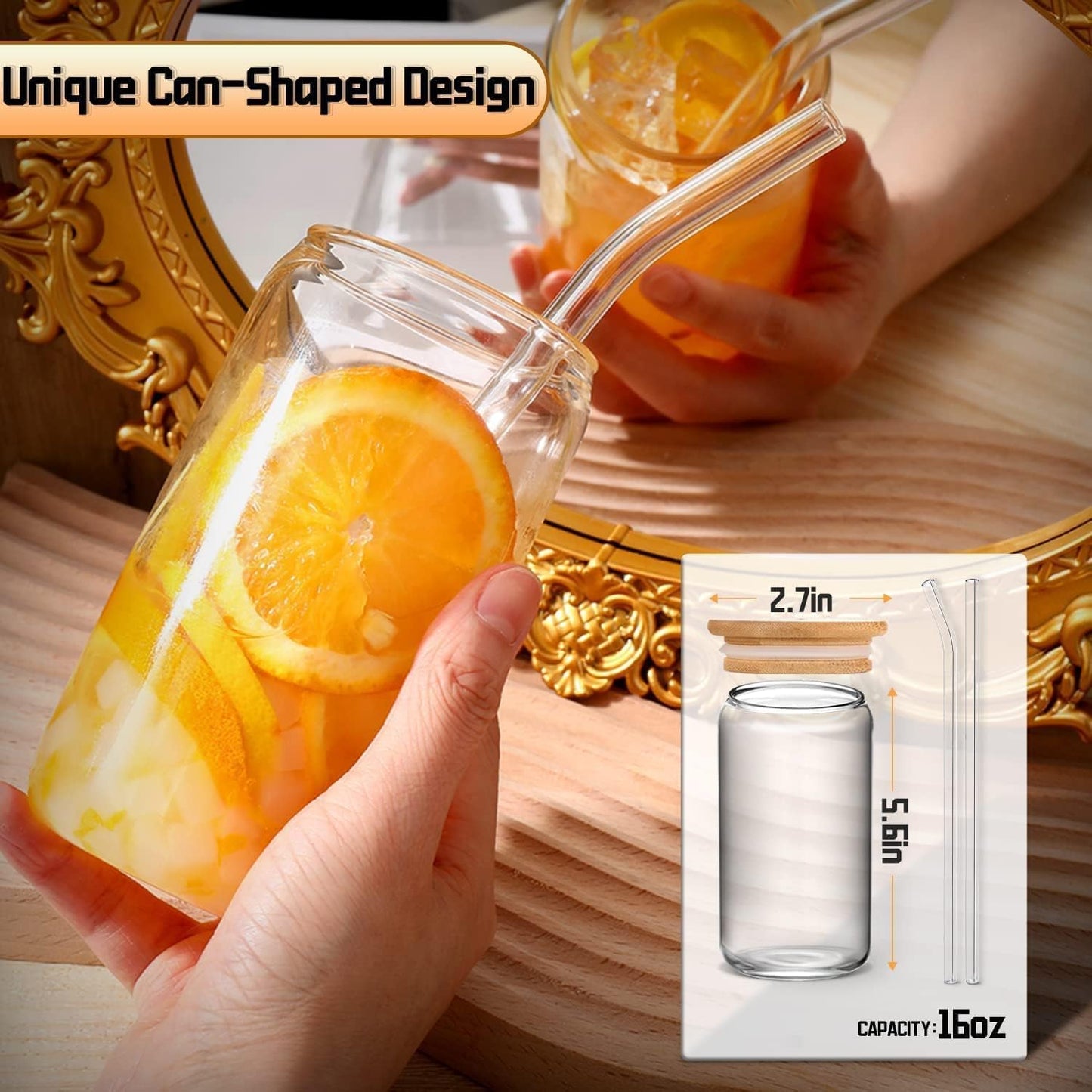 Trendy Cans Mug with Wooden Lid and Clear Glass Straw: Ideal for juices and iced coffee, withstands different temperatures and provides a unique drinking experience