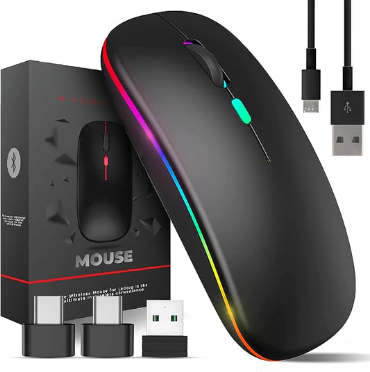 ماوس لاسلكي للابتوب من فوجاسي – بلوتوث 2.4 جيجا هرتز – قابل لإعادة الشحن مع محول USB-A إلى USB-C – 3 أزرار – تصميم أنيق