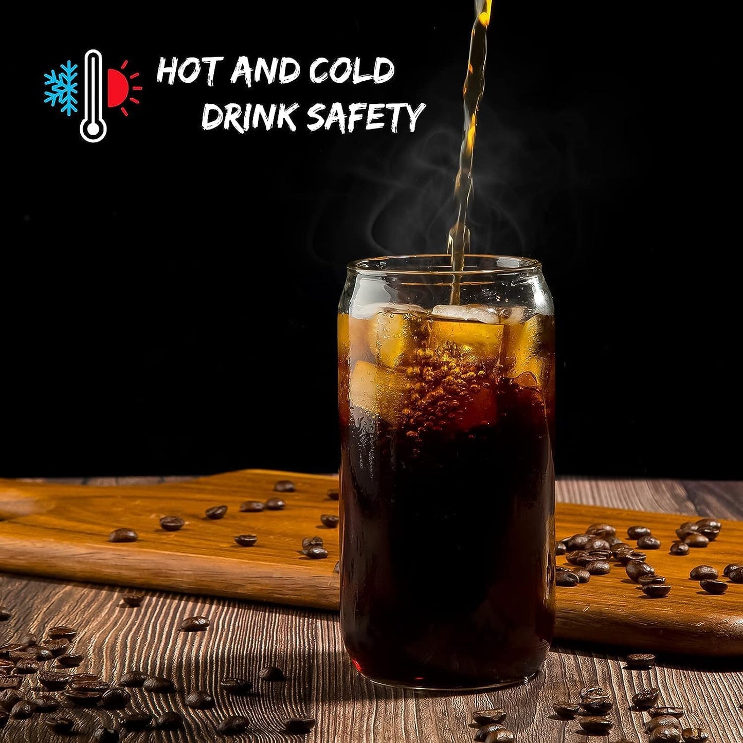 Trendy Cans Mug with Wooden Lid and Clear Glass Straw: Ideal for juices and iced coffee, withstands different temperatures and provides a unique drinking experience