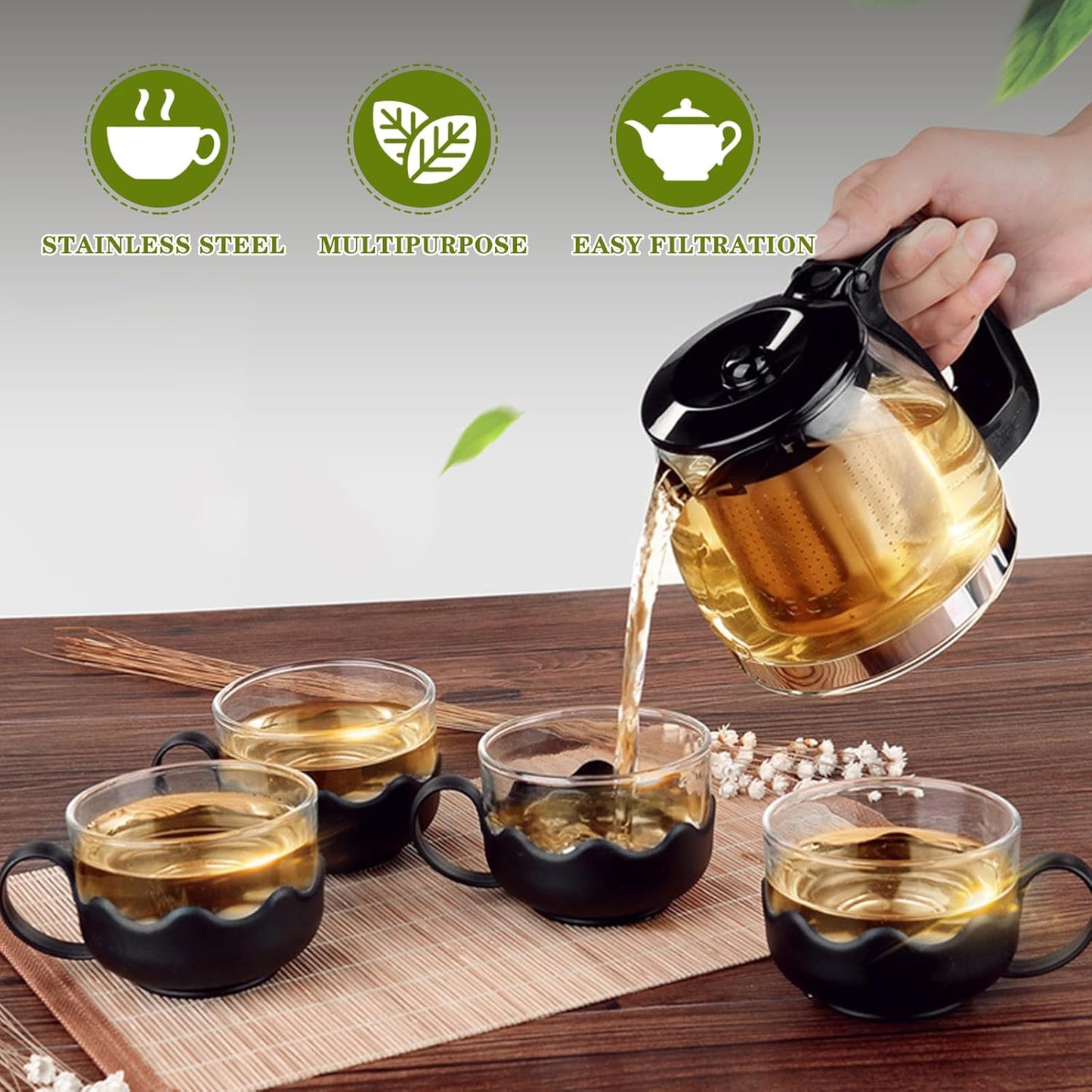 Pyrex Serving Tea Set, 700ml Capacity, Glass Teapot with 4 Glass Tea Cups with Plastic Base and Removable Stainless Steel Tea Infuser, Suitable for Brewing Tea and Herbal Tea Bags